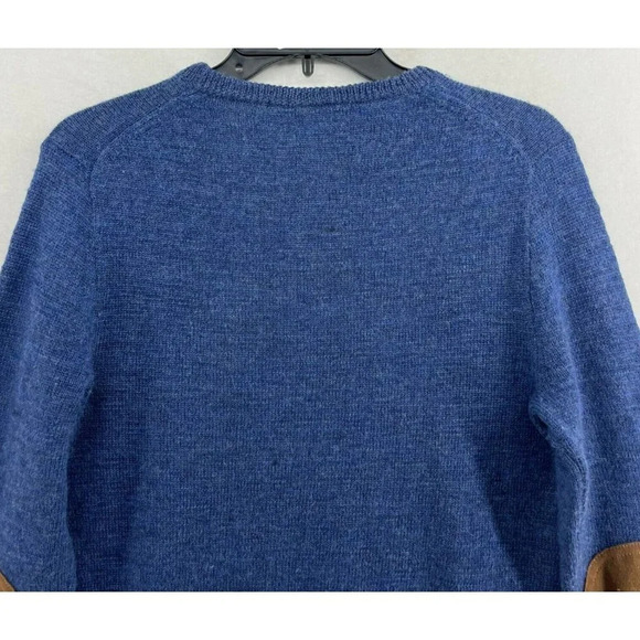 J.Crew Merino Sweater Men's S Blue Brown Leather Elbow Trim Round Neck Pullover - Picture 8 of 15